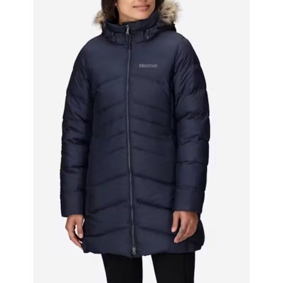 Mew MARMOT Womens Montreal Mid-Thigh Down Puffer Coat 78570 Midnight Navy Blue S - Picture 1 of 16